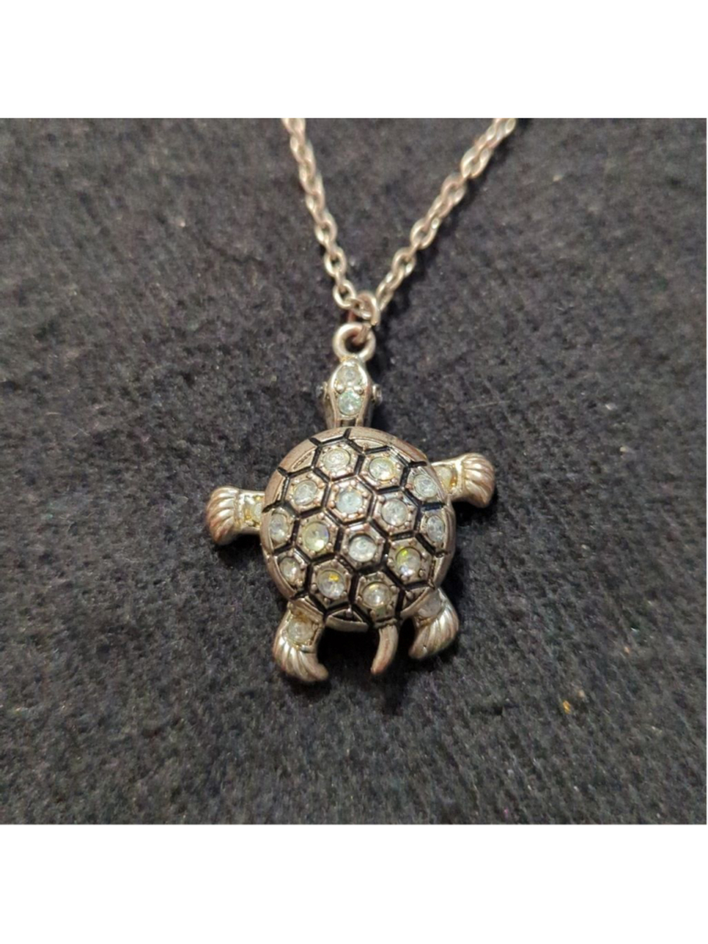 Silver Tone Clear Rhinestone Wiggle Turtle Pendant Statement Necklace